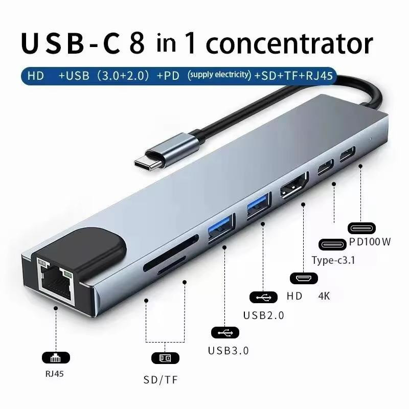 Hub USB C 8 in 1,HDMI 4K, 2 PUERTOS USB 3.0, SD/MicroSD, USB TIPO C de carga/datos, PUERTO RJ45