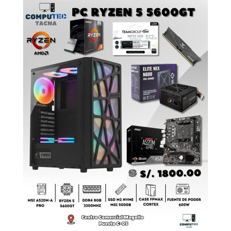 PC RYZEN 5 5600GT | DDR4 8GB 3200MHZ|PLACA MSI A520M| SSD SATA M2 NVME 512GB